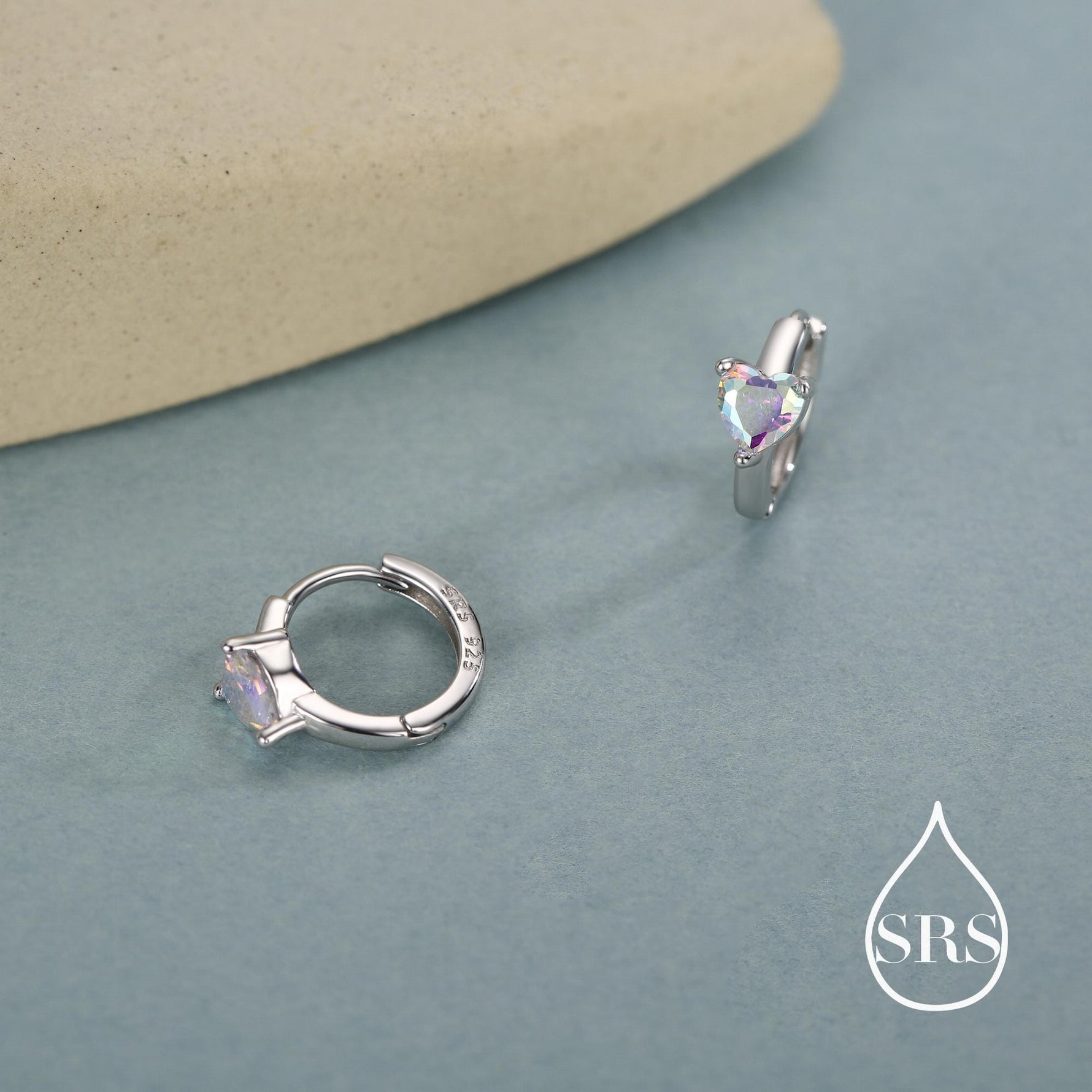 Aurora Heart Huggie Hoop in Sterling Silver, Silver or Gold, 8mm Inner Diameter, AB Crystal Heart Stacking Earrings, Colour Changing AB CZ