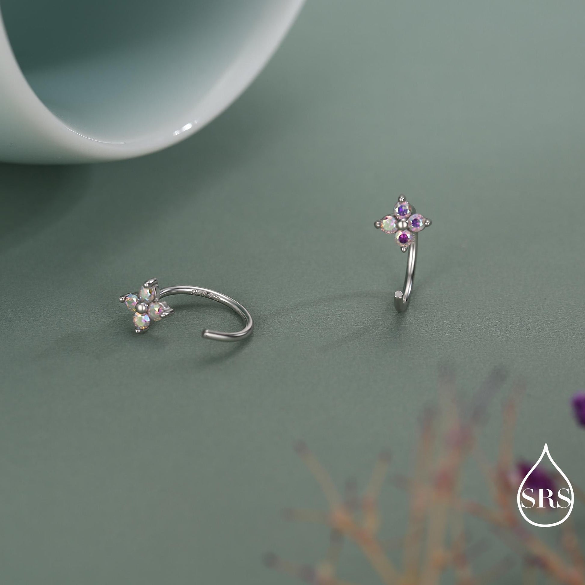 CZ Hydrangea Flower Huggie Hoop Earrings in Sterling Silver, Aurora AB Crystal, Tiny CZ Open Hoops, Pull Through Threaders,