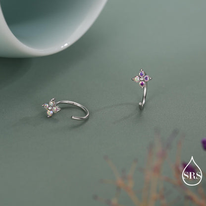 CZ Hydrangea Flower Huggie Hoop Earrings in Sterling Silver, Aurora AB Crystal, Tiny CZ Open Hoops, Pull Through Threaders,