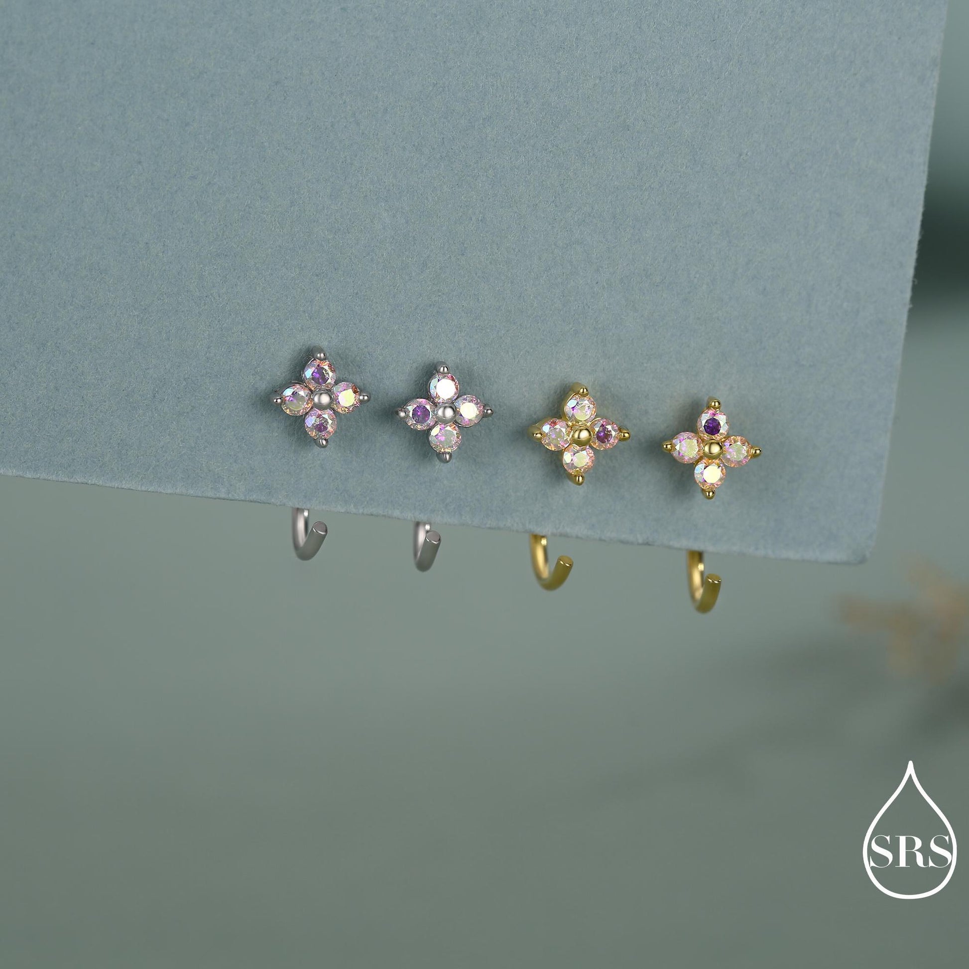 CZ Hydrangea Flower Huggie Hoop Earrings in Sterling Silver, Aurora AB Crystal, Tiny CZ Open Hoops, Pull Through Threaders,