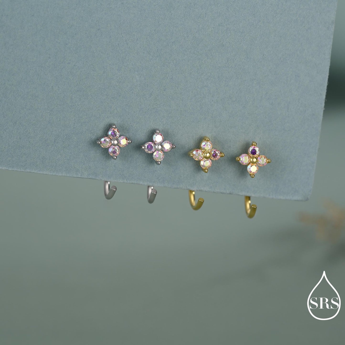 CZ Hydrangea Flower Huggie Hoop Earrings in Sterling Silver, Aurora AB Crystal, Tiny CZ Open Hoops, Pull Through Threaders,