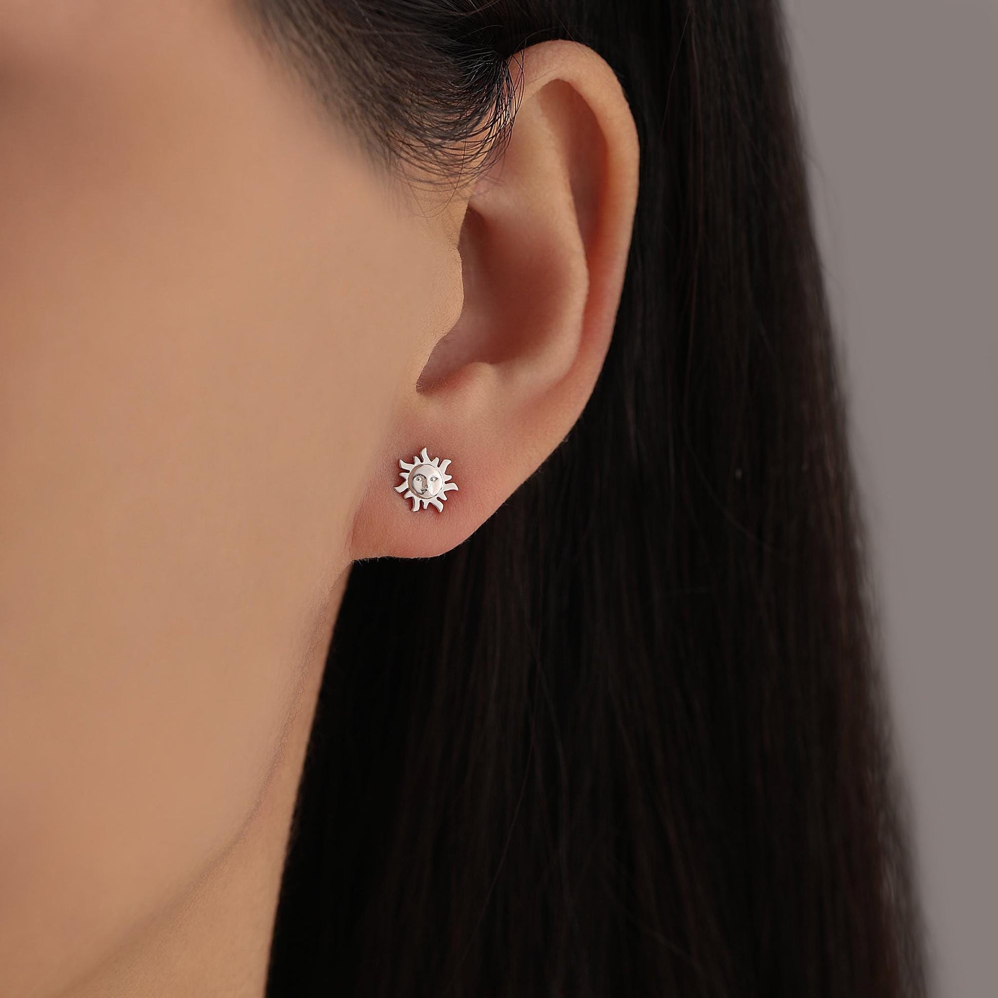 Mismatched Sun and Moon 16G 8mm Flat Back Earrings in Sterling Silver, Asymmetric Man in the Moon and Sun Face Stud Earrings