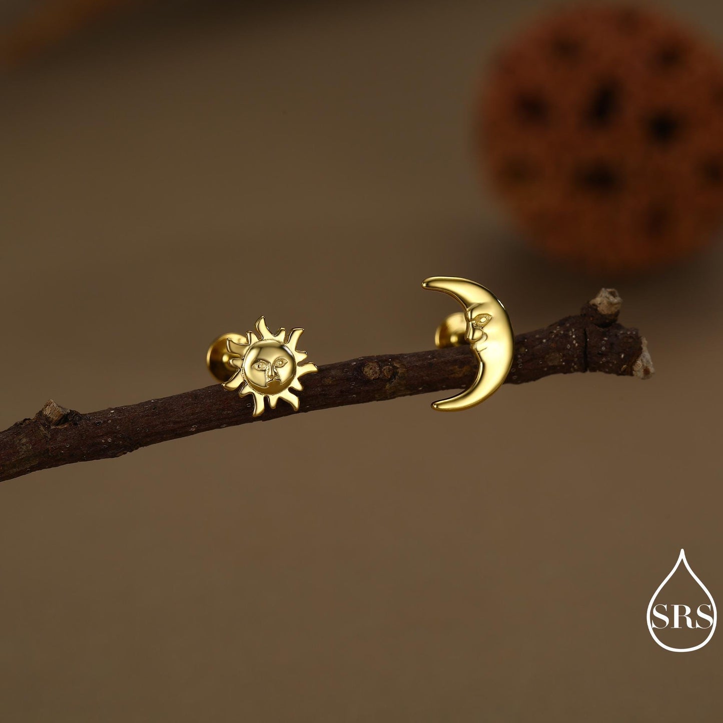 Mismatched Sun and Moon 16G 8mm Flat Back Earrings in Sterling Silver, Asymmetric Man in the Moon and Sun Face Stud Earrings