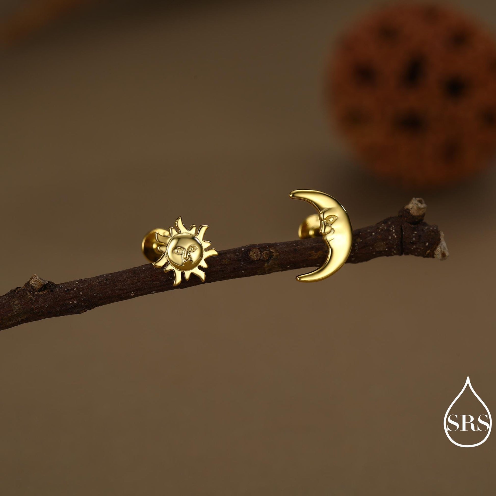 Mismatched Sun and Moon 16G 8mm Flat Back Earrings in Sterling Silver, Asymmetric Man in the Moon and Sun Face Stud Earrings