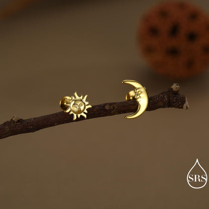 Mismatched Sun and Moon 16G 8mm Flat Back Earrings in Sterling Silver, Asymmetric Man in the Moon and Sun Face Stud Earrings