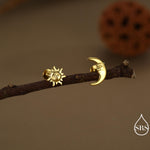 Mismatched Sun and Moon 16G Flat Back Earrings in Sterling Silver, Asymmetric Man in the Moon and Sun Face Stud Earrings