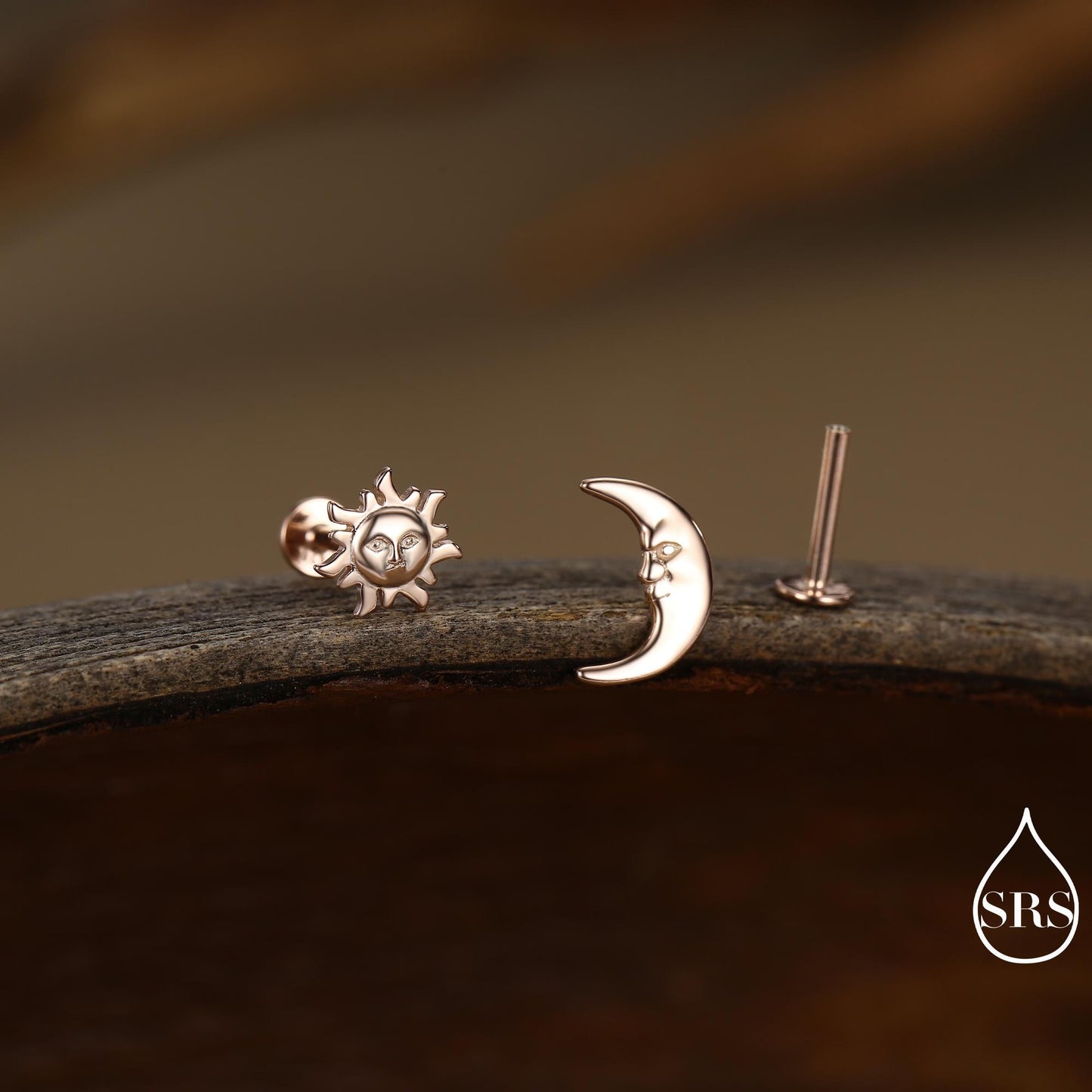 Mismatched Sun and Moon 16G 8mm Flat Back Earrings in Sterling Silver, Asymmetric Man in the Moon and Sun Face Stud Earrings