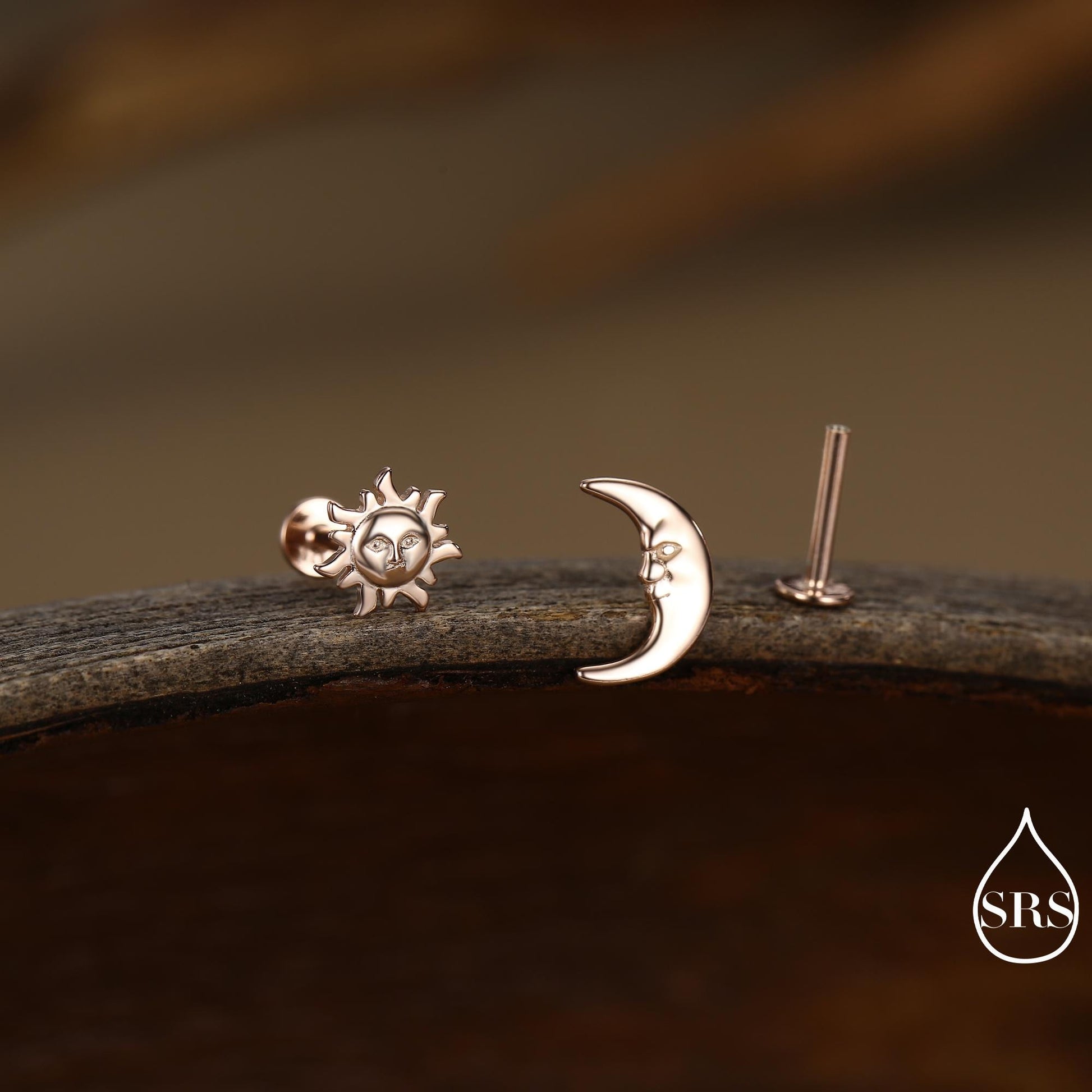 Mismatched Sun and Moon 16G 8mm Flat Back Earrings in Sterling Silver, Asymmetric Man in the Moon and Sun Face Stud Earrings