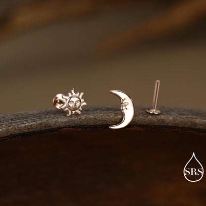 Mismatched Sun and Moon 16G 8mm Flat Back Earrings in Sterling Silver, Asymmetric Man in the Moon and Sun Face Stud Earrings