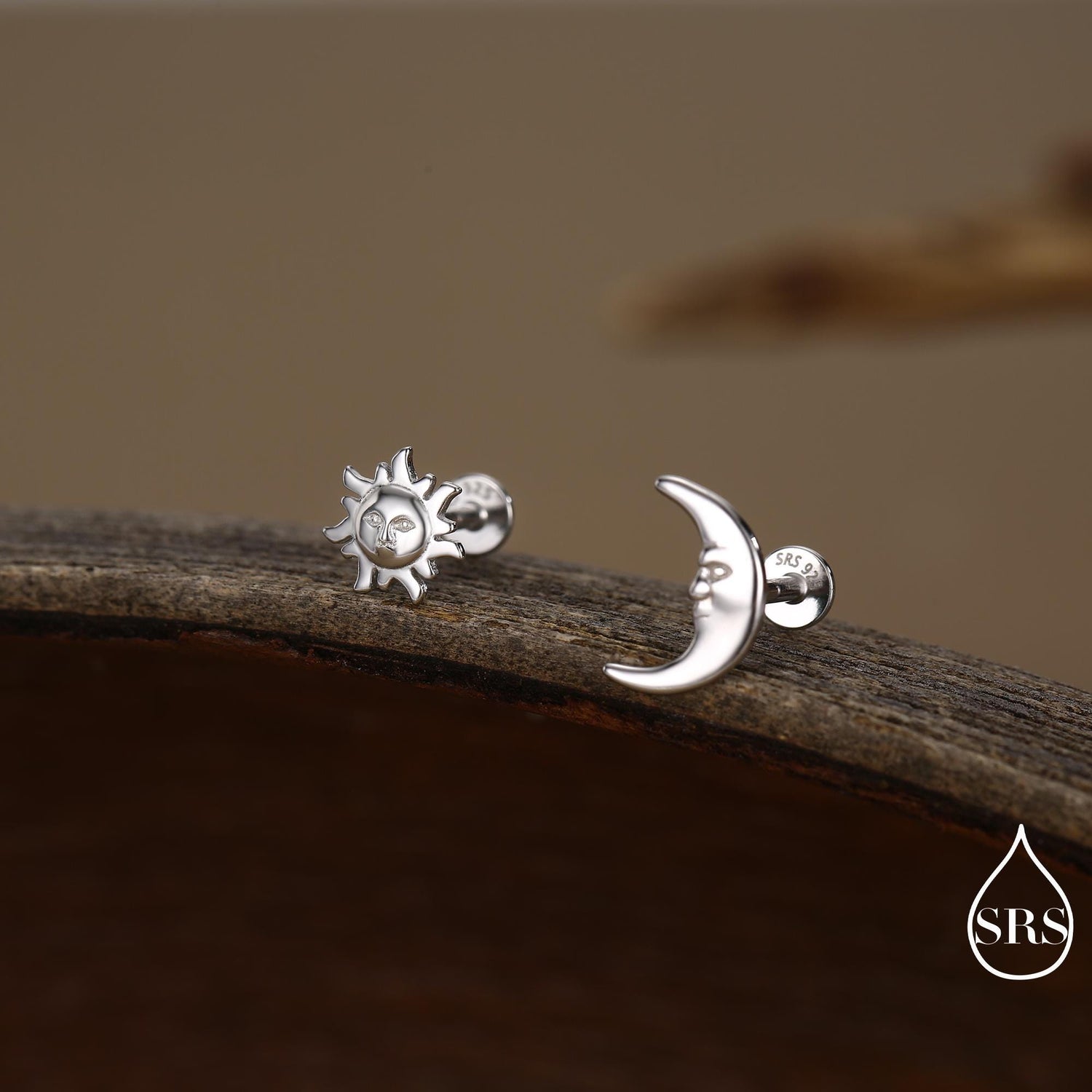 Mismatched Sun and Moon 16G Flat Back Earrings in Sterling Silver, Asymmetric Man in the Moon and Sun Face Stud Earrings
