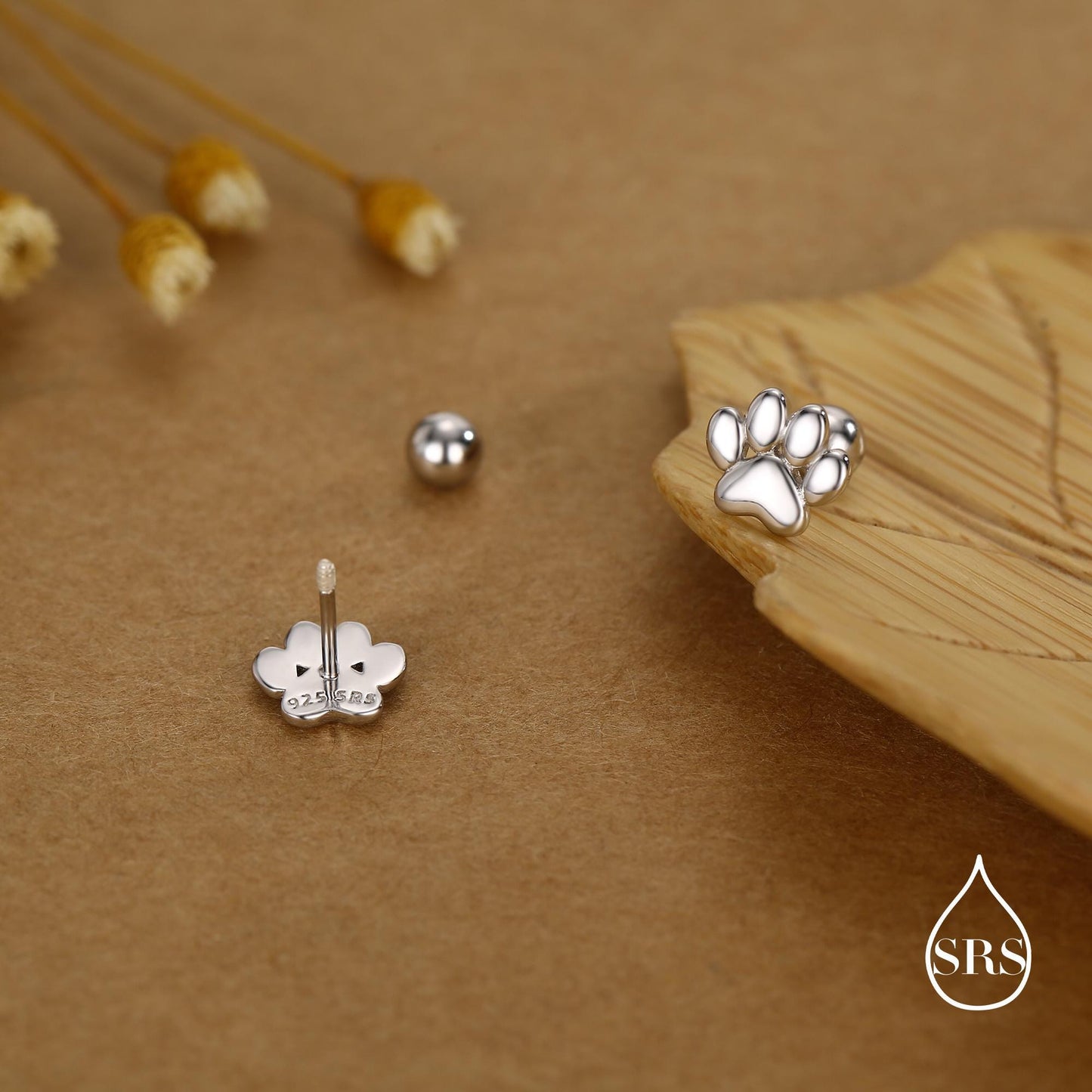 Sterling Silver Paw Print Screw Back Stud Earrings