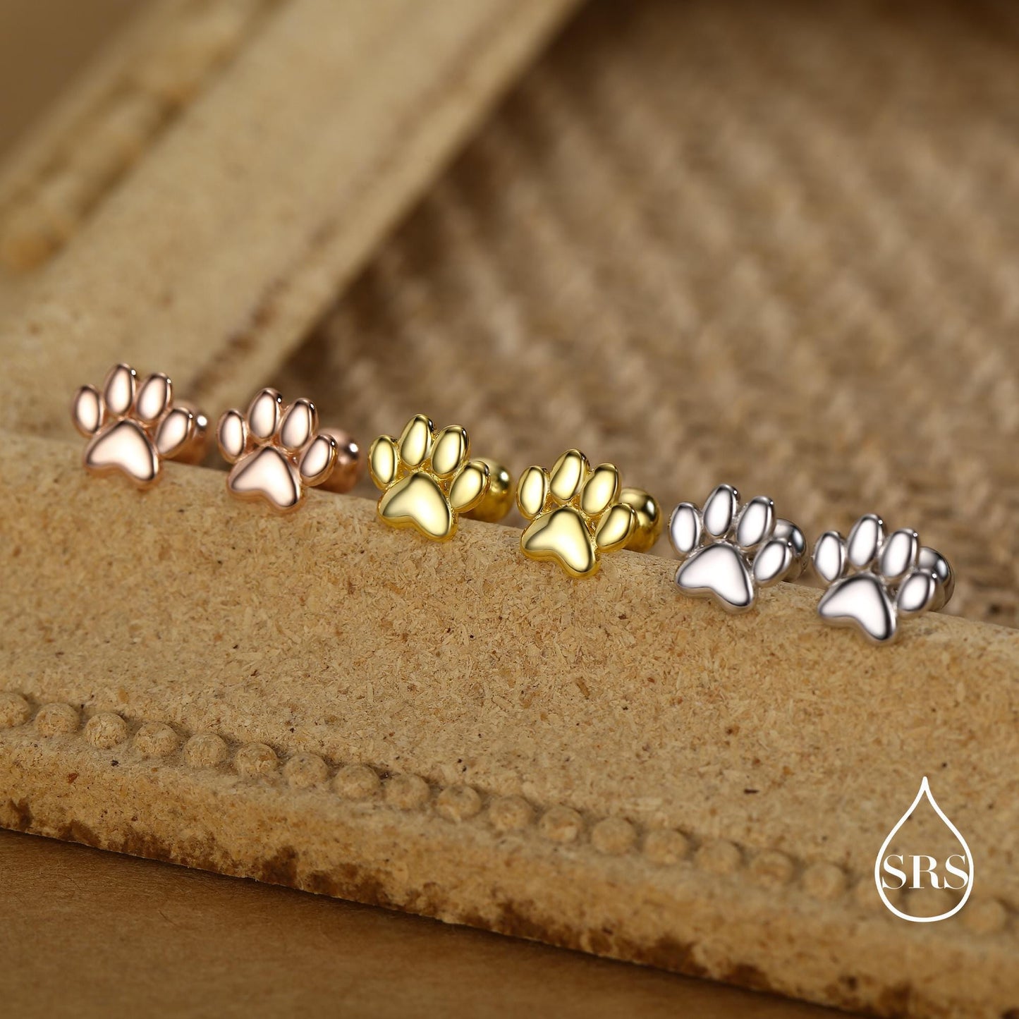 Sterling Silver Paw Print Screw Back Stud Earrings