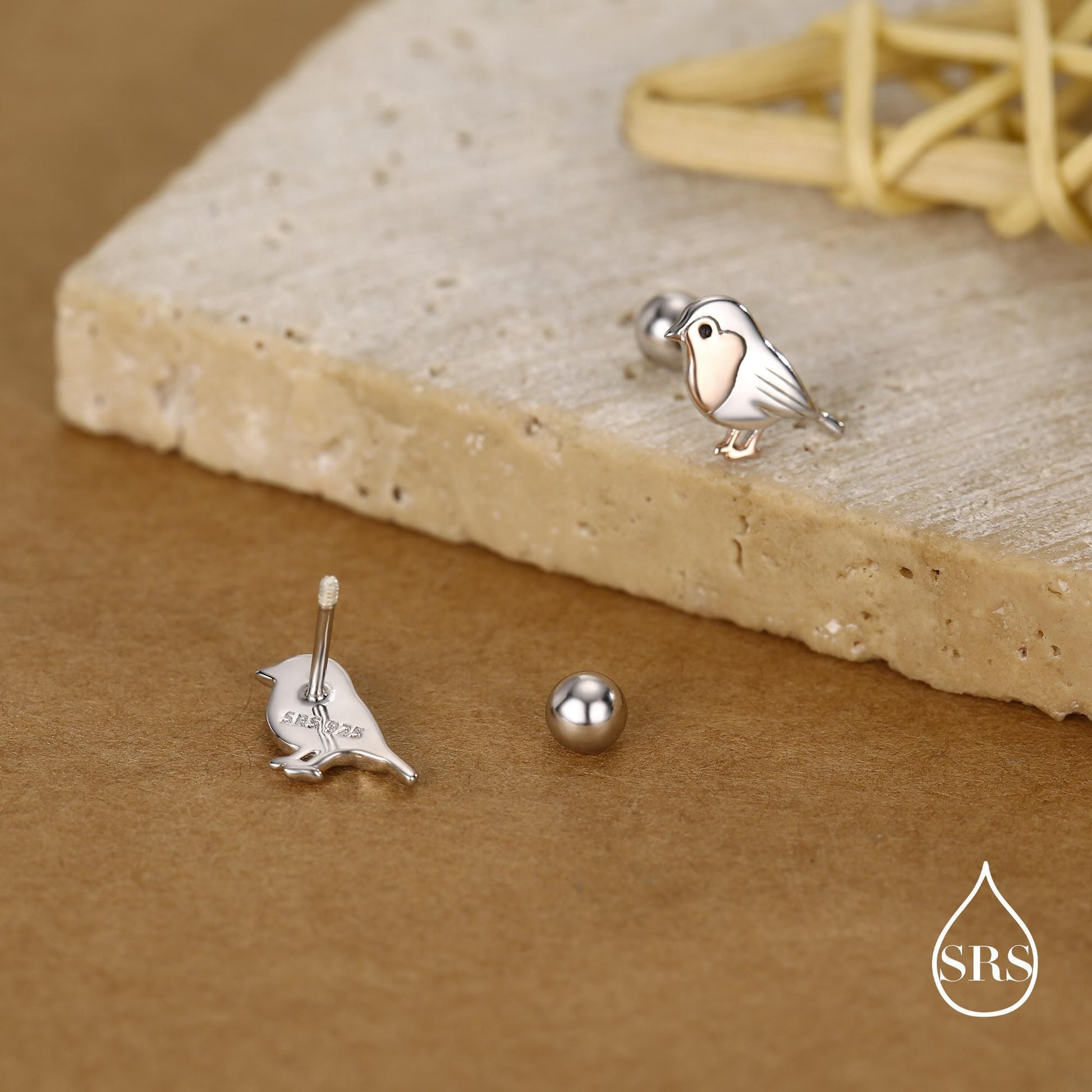 Sterling Silver Robin 18G Screw Back Stud Earrings