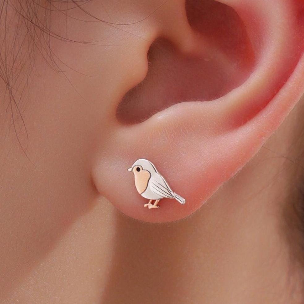 Sterling Silver Robin 18G Screw Back Stud Earrings