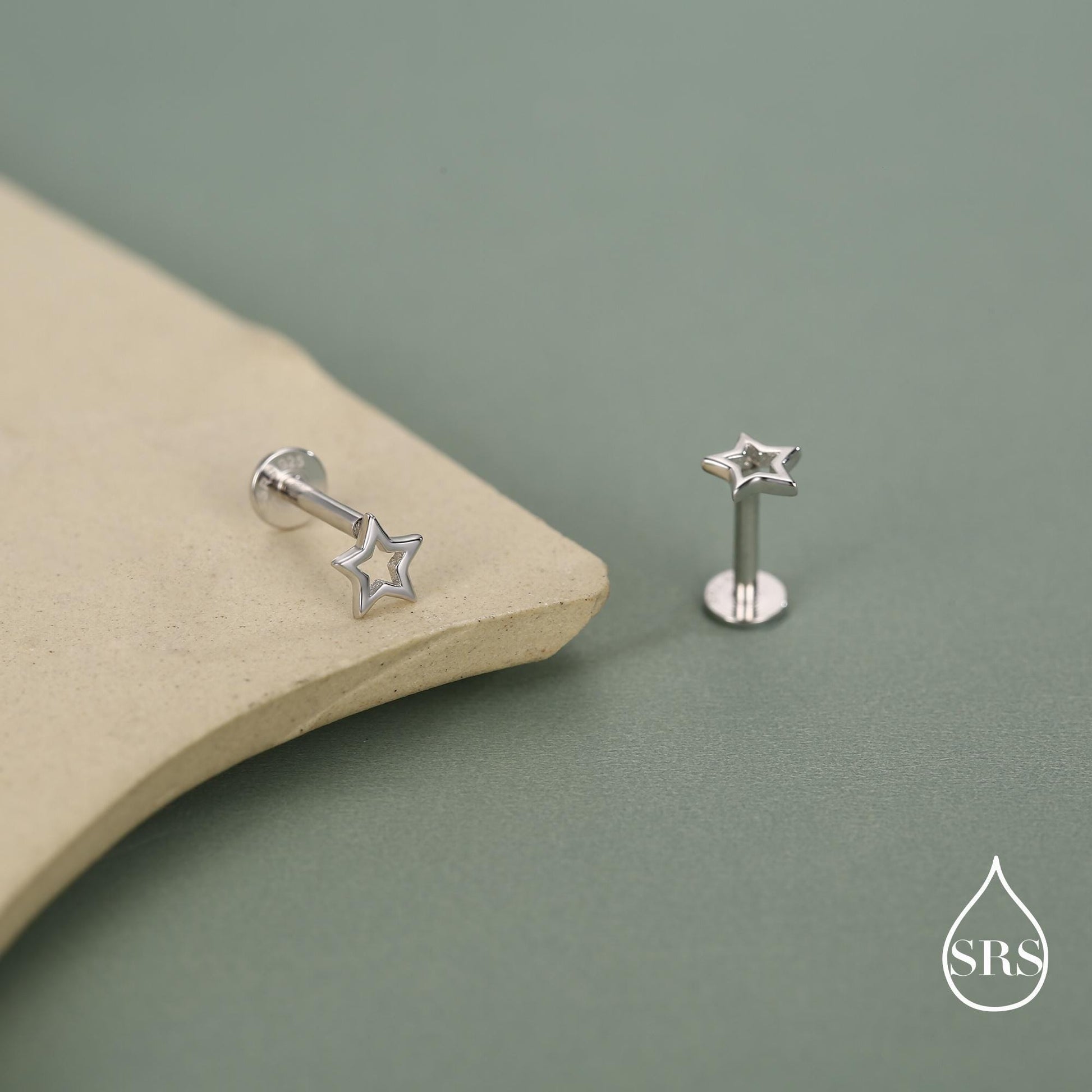 Sterling Silver Open Star 16g Flat Back Stud Earrings