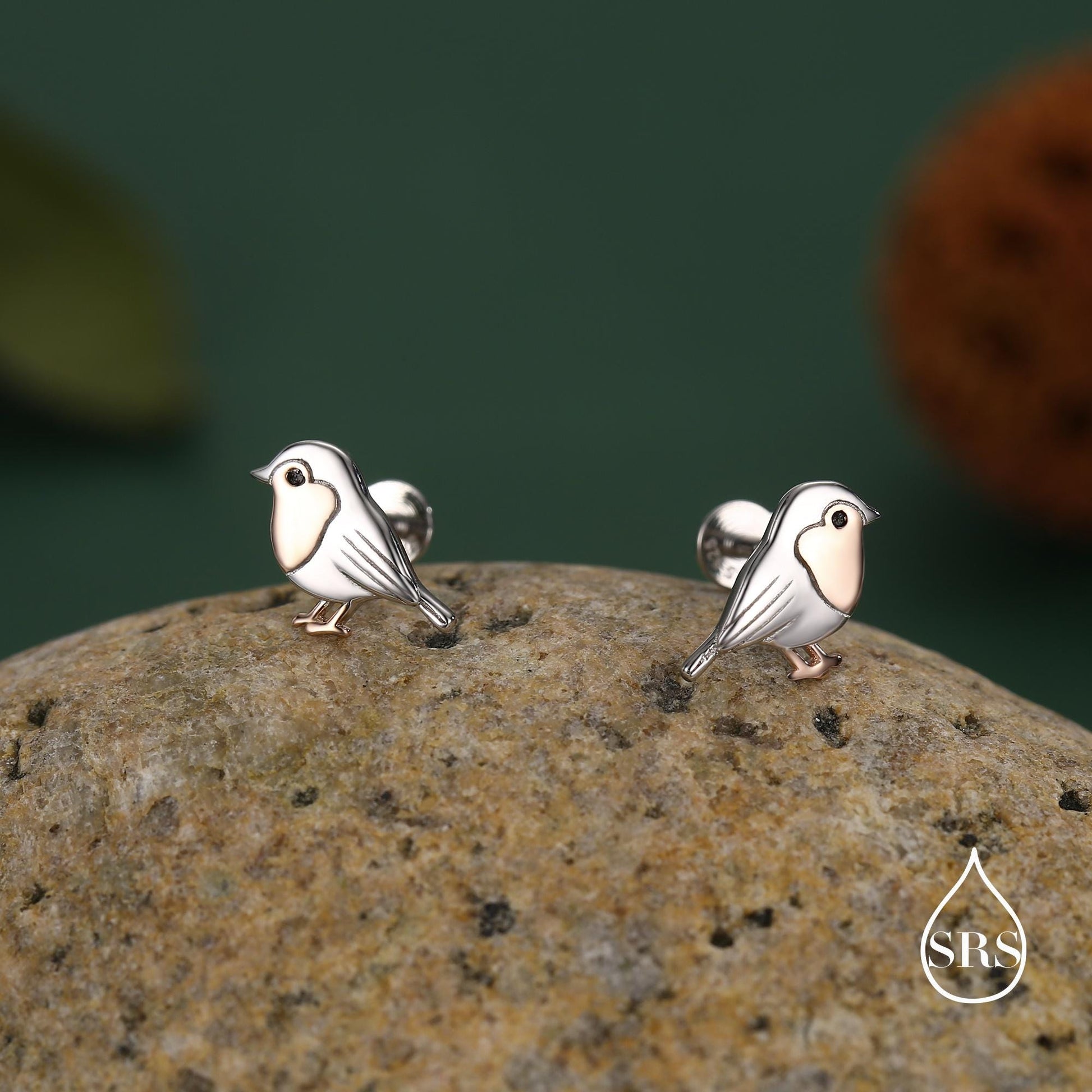 Sterling Silver Robin 16g Flat Back Stud Earrings