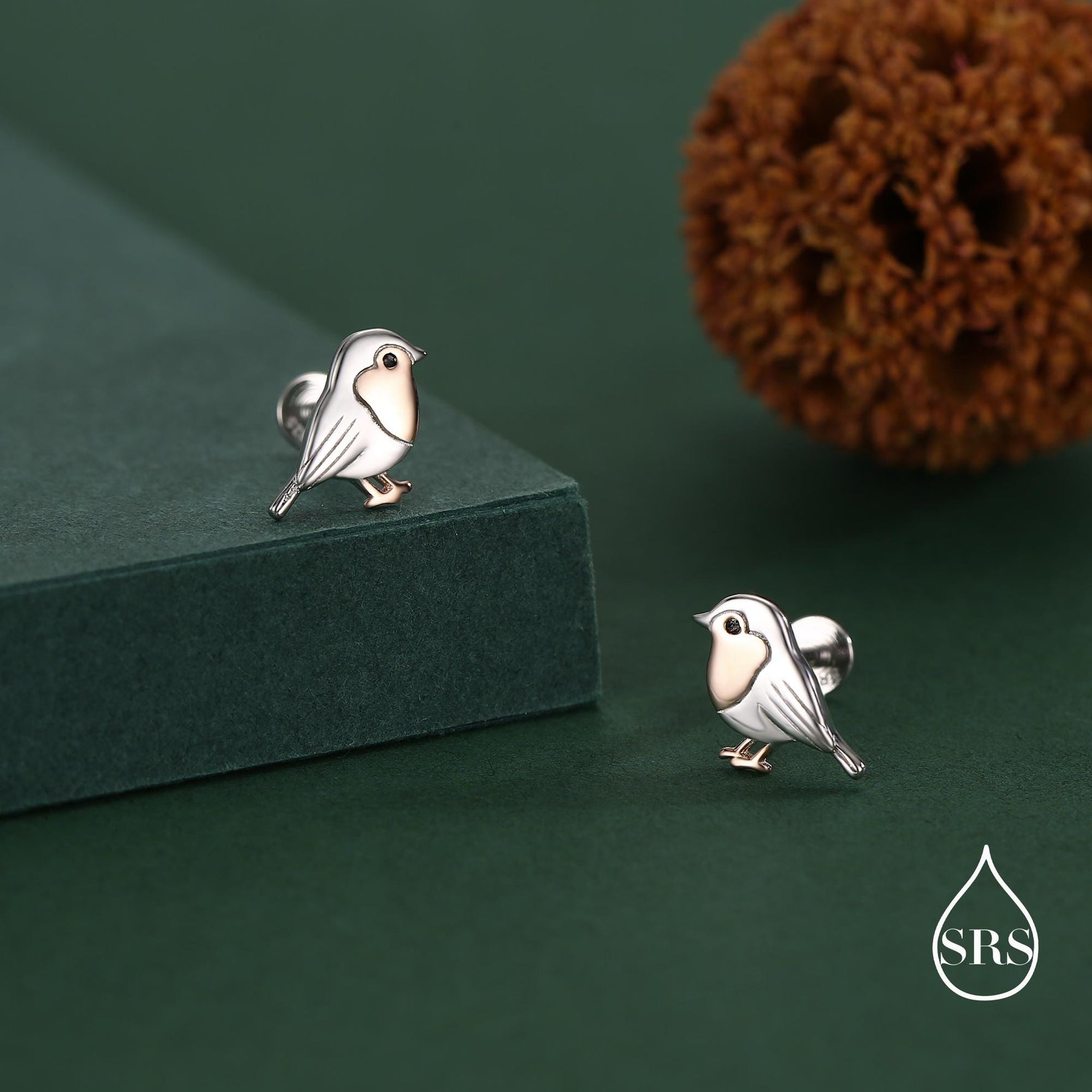 Sterling Silver Robin 16g Flat Back Stud Earrings