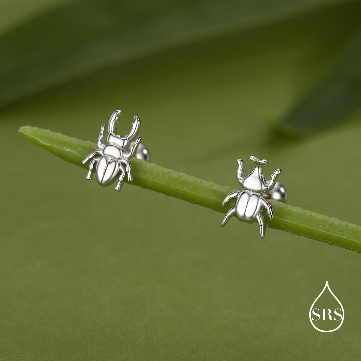 Sterling Silver Mismatched Beetle 18G Screw Back Earrings, Animal Earrings