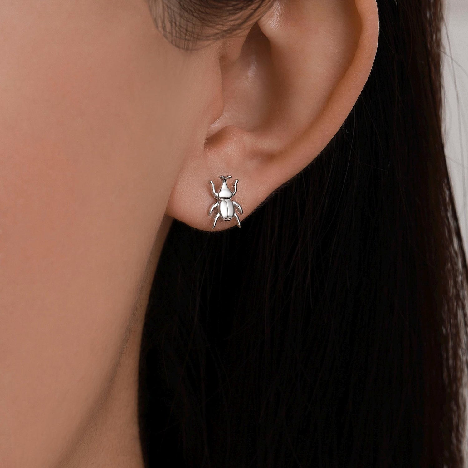 Sterling Silver Mismatched Beetle 18G Screw Back Earrings, Animal Earrings