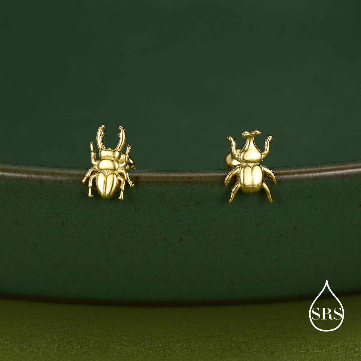 Sterling Silver Mismatched Beetle 18G Screw Back Earrings, Animal Earrings