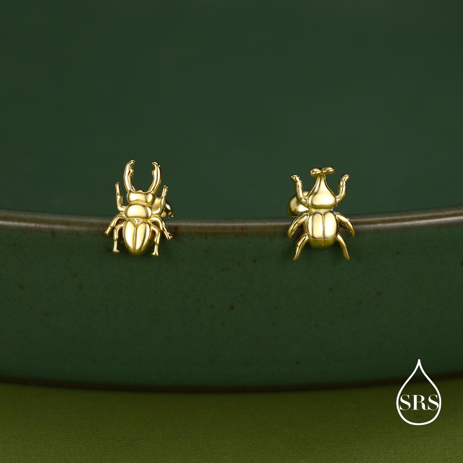 Sterling Silver Mismatched Beetle 18G Screw Back Earrings, Animal Earrings
