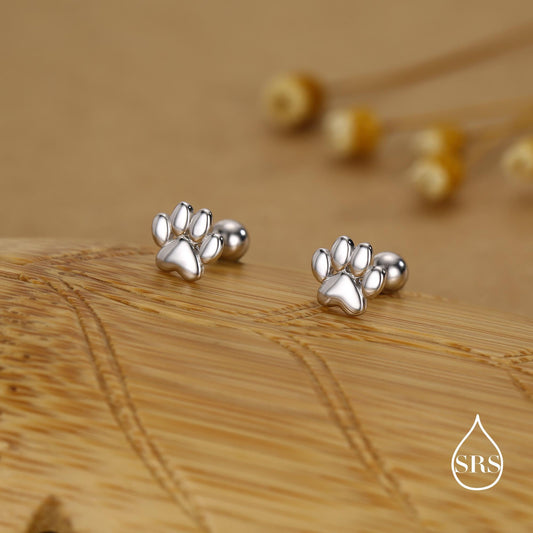 Sterling Silver Paw Print Screw Back Stud Earrings