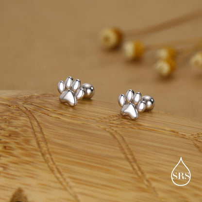 Sterling Silver Paw Print Screw Back Stud Earrings