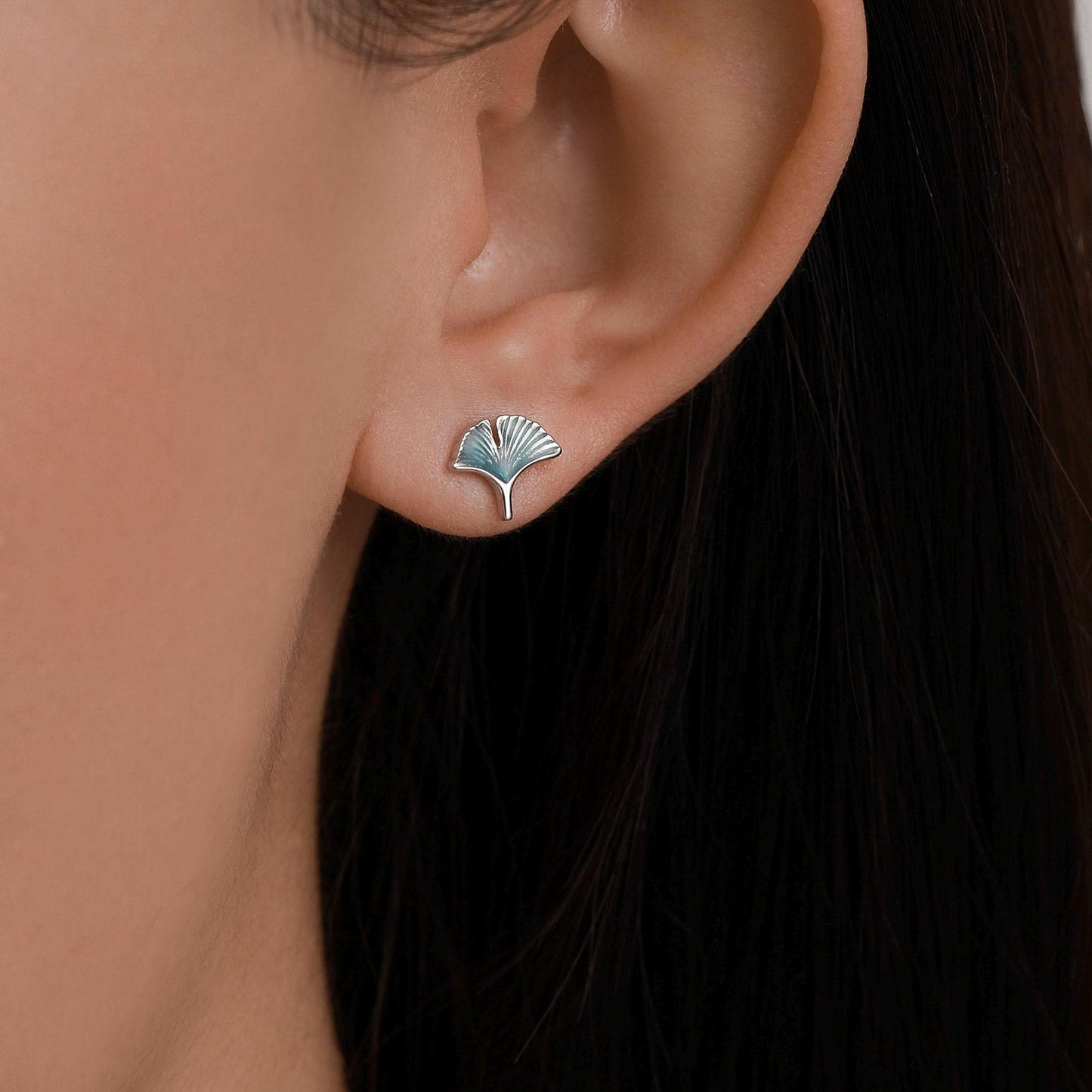 Mismatched Enamel Beech and Ginkgo Leaf Stud Earrings in Sterling Silver, Asymmetric Petite Beech Leaf Earrings, Nature Inspired