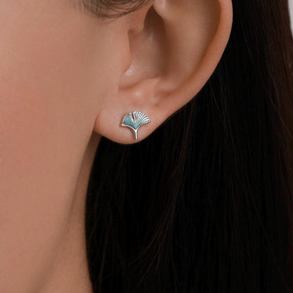 Mismatched Enamel Beech and Ginkgo Leaf Stud Earrings in Sterling Silver, Asymmetric Petite Beech Leaf Earrings, Nature Inspired
