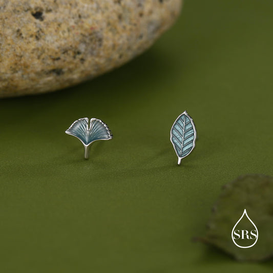 Mismatched Enamel Beech and Ginkgo Leaf Stud Earrings in Sterling Silver, Asymmetric Petite Beech Leaf Earrings, Nature Inspired