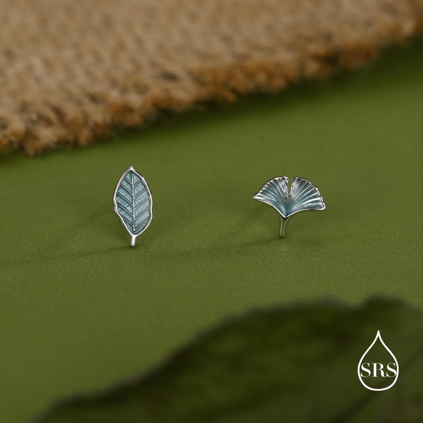 Mismatched Enamel Beech and Ginkgo Leaf Stud Earrings in Sterling Silver, Asymmetric Petite Beech Leaf Earrings, Nature Inspired