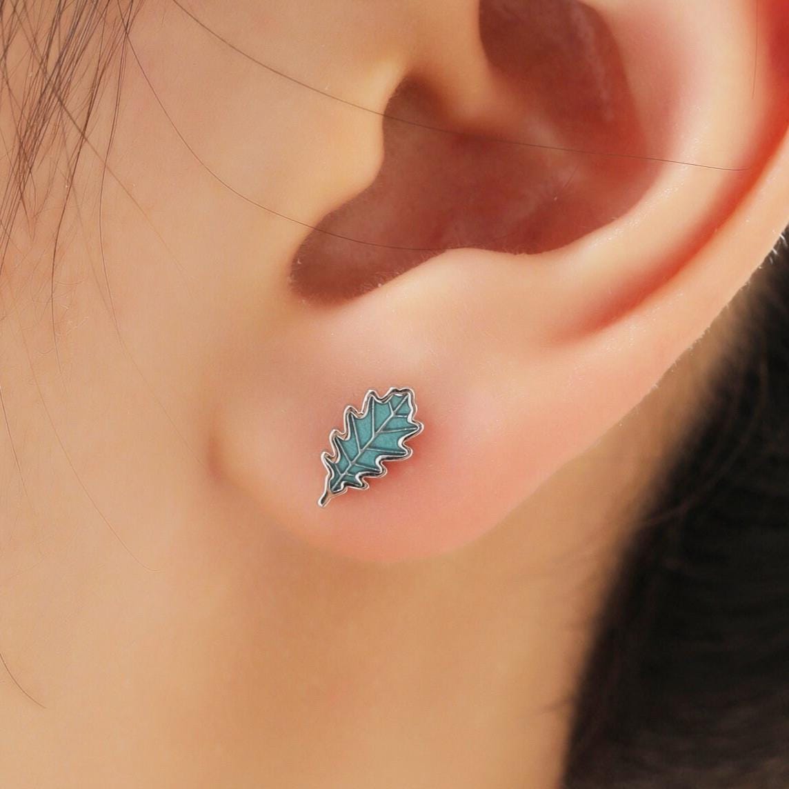 Mismatched Enamel Oak and Beech Leaf Stud Earrings in Sterling Silver, Asymmetric Beech and Acorn Leaf Earrings, Small Leaf Stud