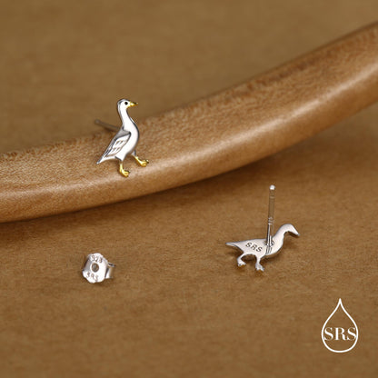 Sterling Silver Goose Stud Earrings with Gold Details, Bird Earrings