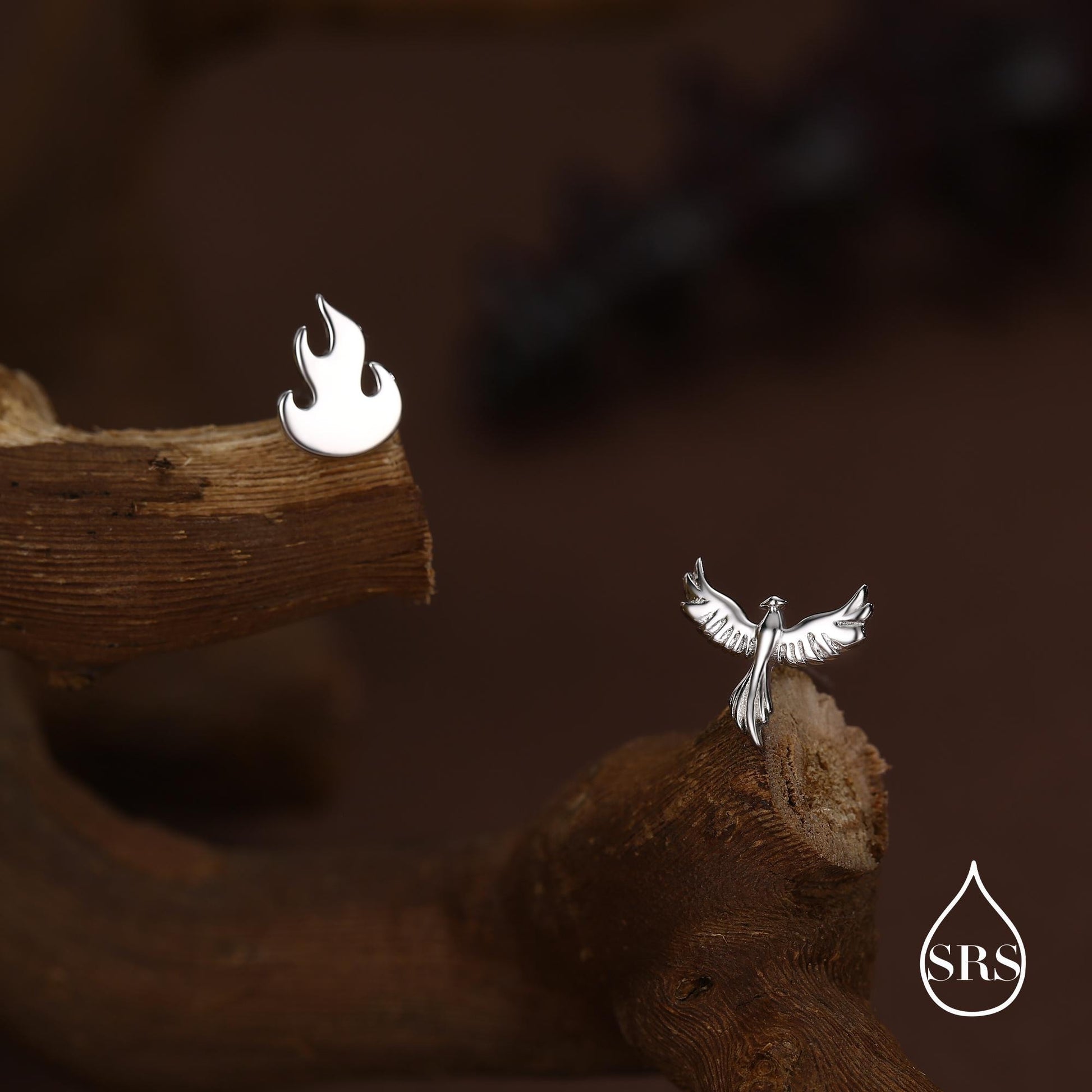 Mismatched Sterling Silver Phoenix and Fire Stud Earrings, Asymmetric Fire and Phoenix Bird Earrings, Cute Fun Quirky,