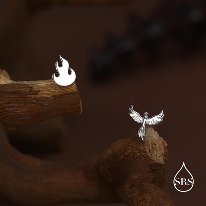 Mismatched Sterling Silver Phoenix and Fire Stud Earrings, Asymmetric Fire and Phoenix Bird Earrings, Cute Fun Quirky,