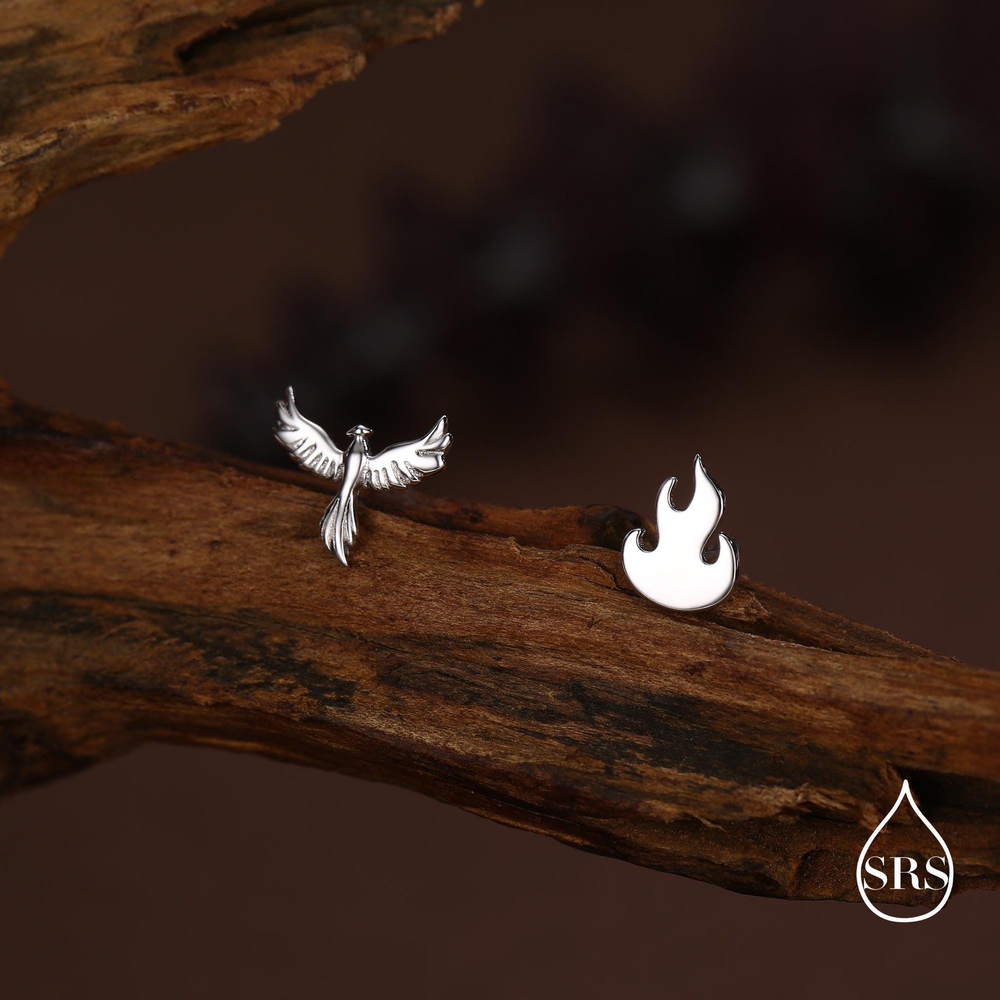Mismatched Sterling Silver Phoenix and Fire Stud Earrings, Asymmetric Fire and Phoenix Bird Earrings, Cute Fun Quirky,