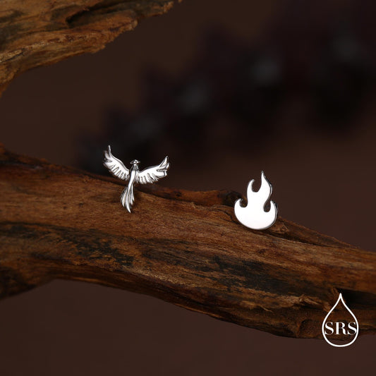 Mismatched Sterling Silver Phoenix and Fire Stud Earrings, Asymmetric Fire and Phoenix Bird Earrings, Cute Fun Quirky,