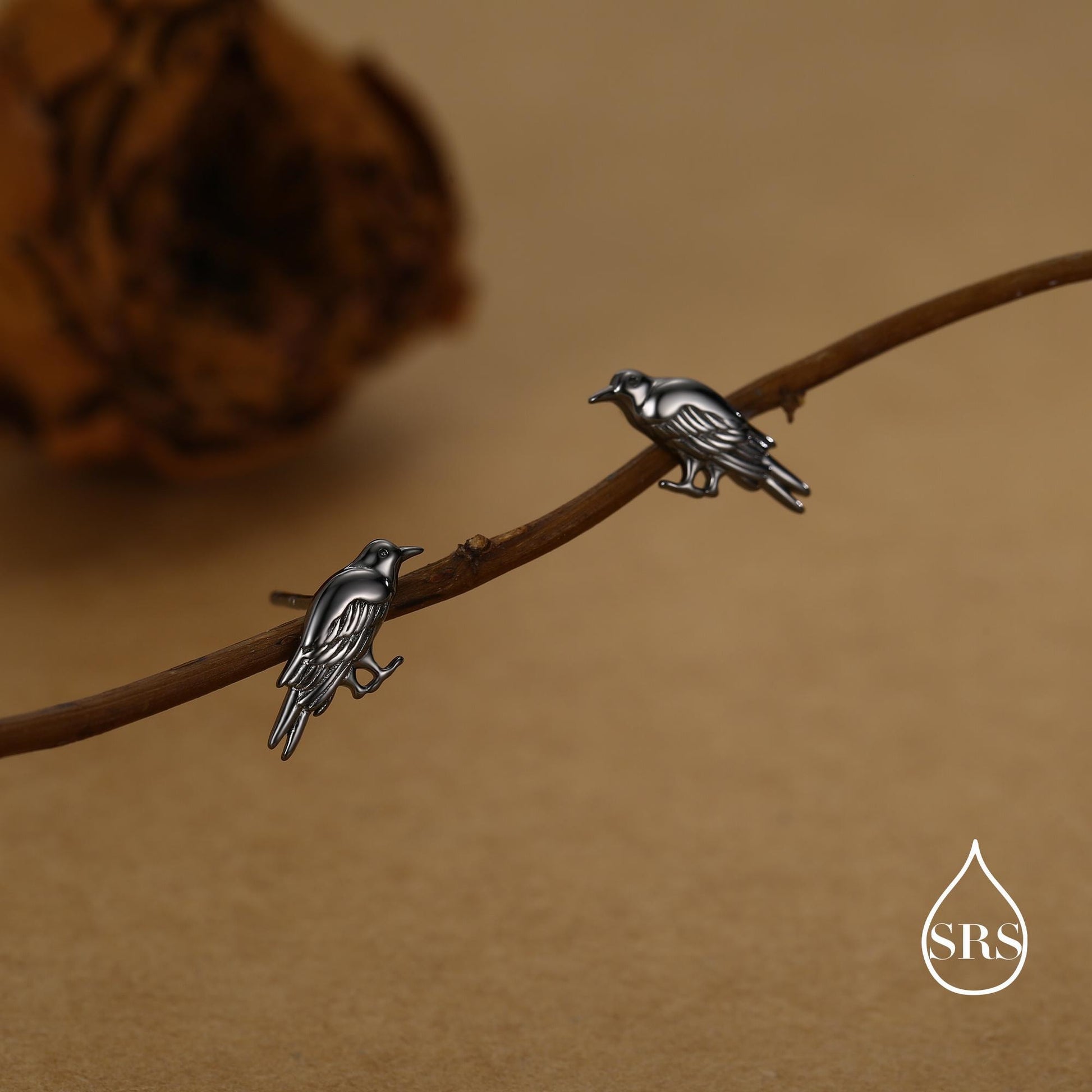 Crow Stud Earrings in Sterling Silver with Black Rhodium Coating, Bird Earrings