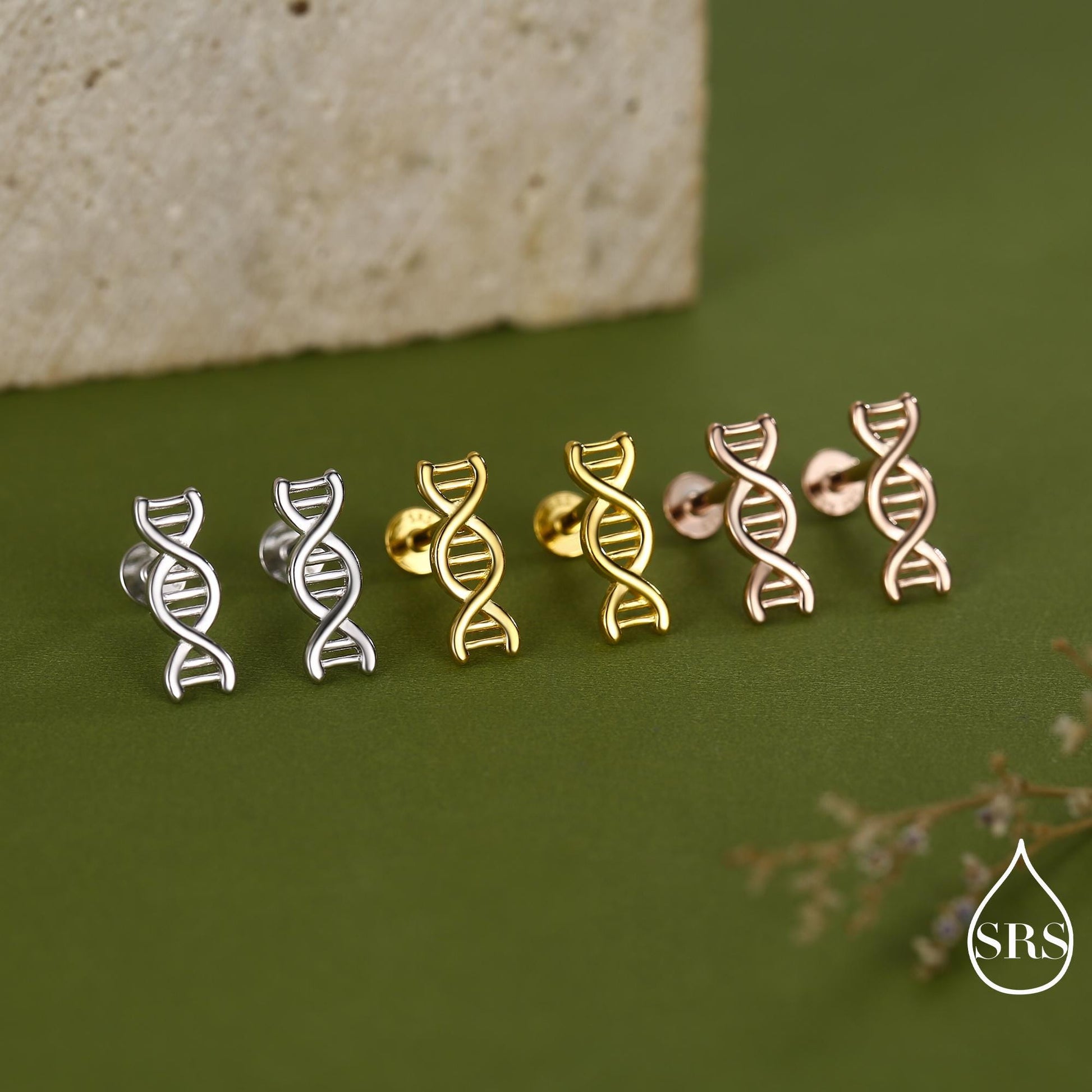 DNA Molecular Structure Flat Back Earrings, 16G 8mm Internally Threaded Earrings,Quirky Science Jewellery