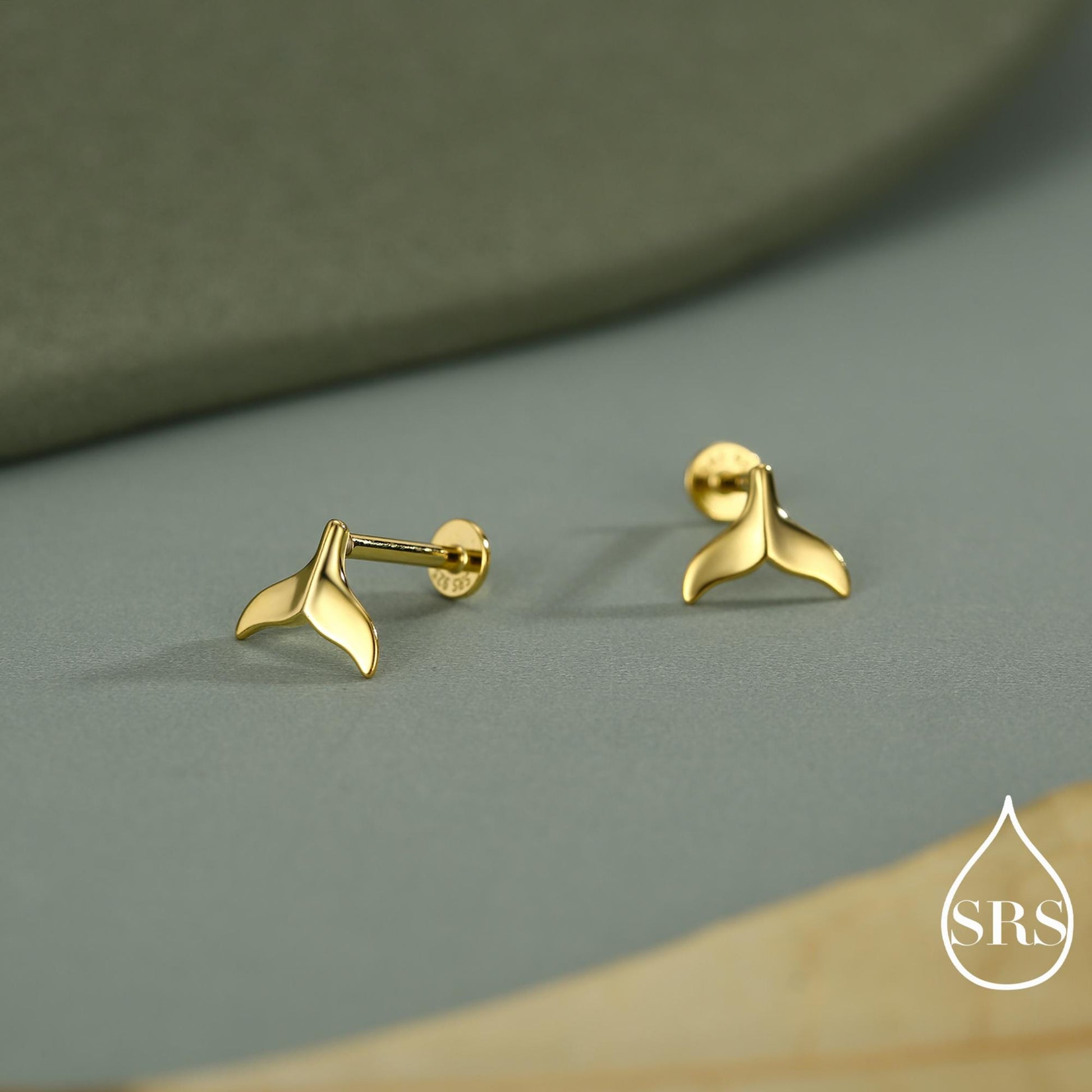 Whale Tail Flat Back Earrings in Sterling Silver, 16G 8mm Internally Threaded Fish Flat Back Earrings