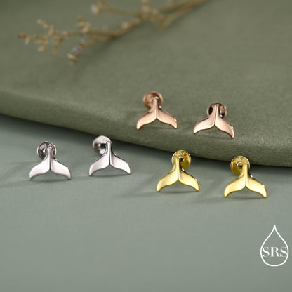 Whale Tail Flat Back Earrings in Sterling Silver, 16G 8mm Internally Threaded Fish Flat Back Earrings