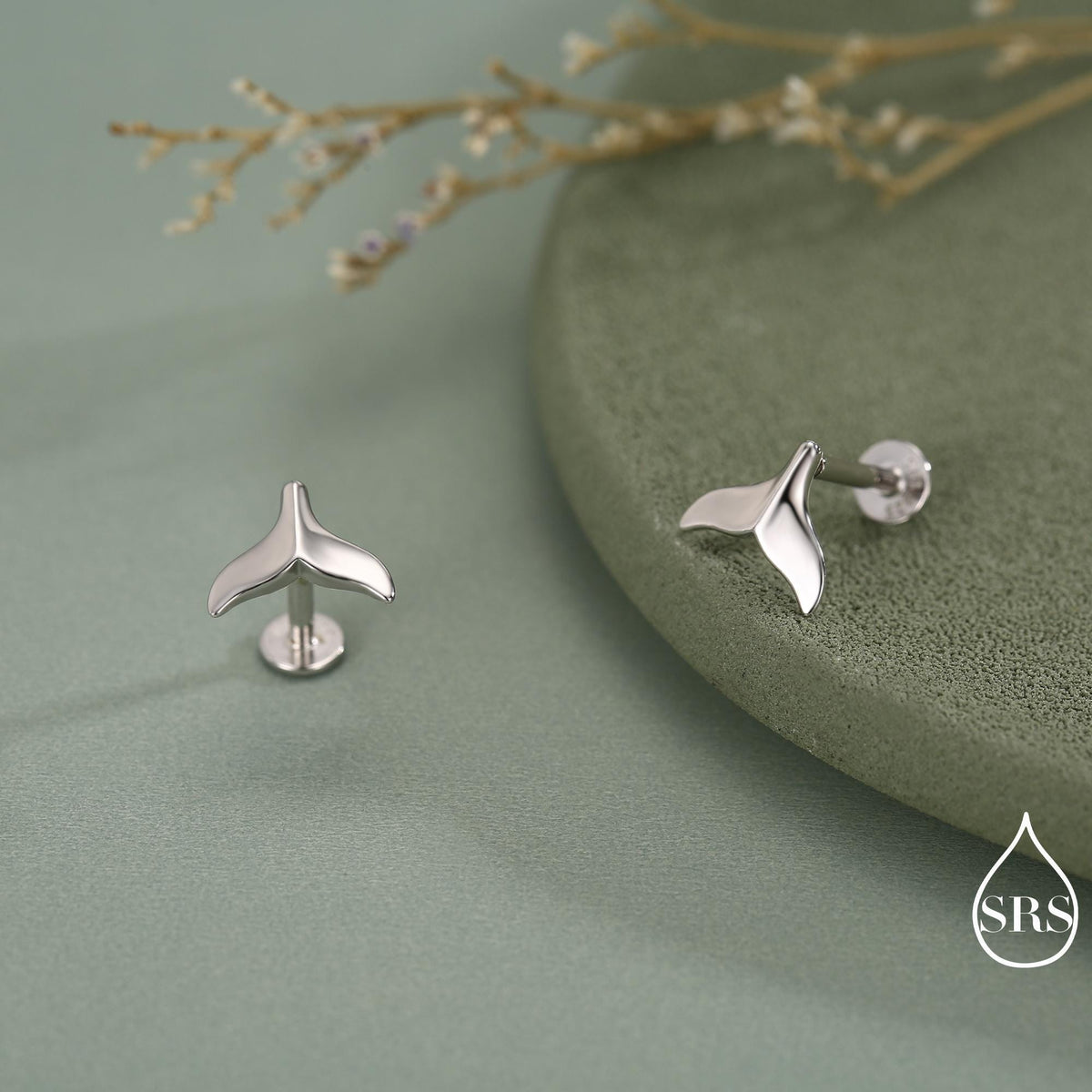 Whale Tail Flat Back Earrings in Sterling Silver, 16G Internally Threaded Fish Flat Back Earrings