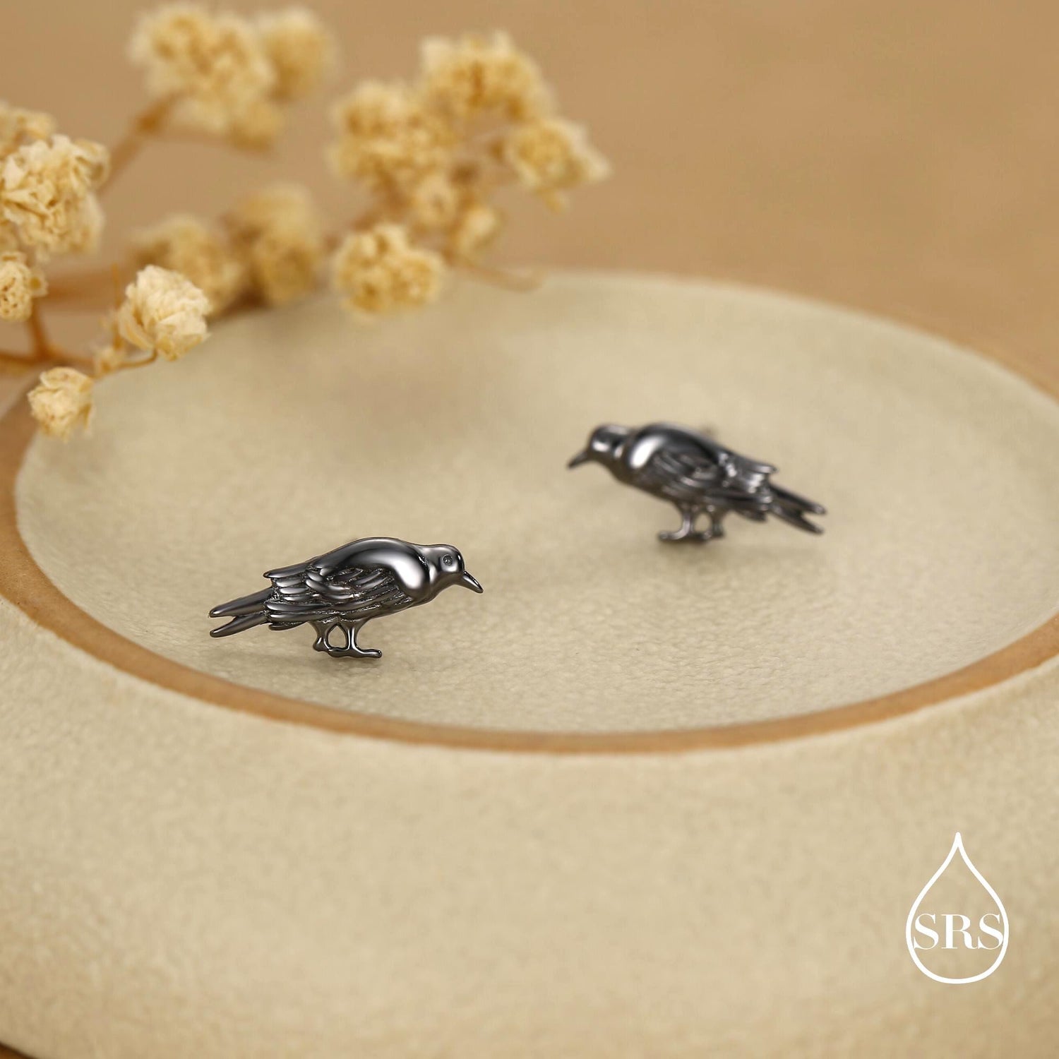 Crow Stud Earrings in Sterling Silver with Black Rhodium Coating, Bird Earrings