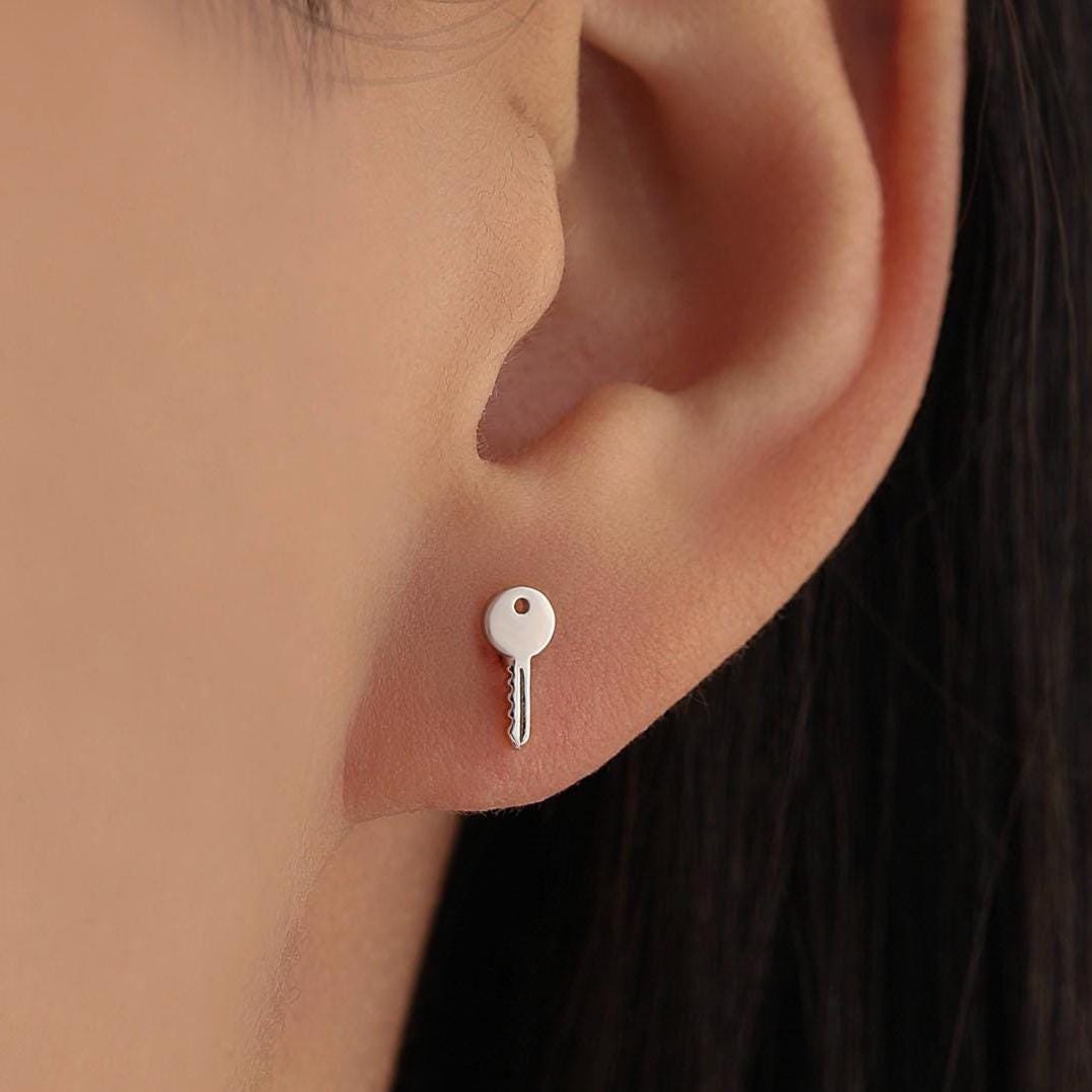 Extra Tiny Key Stud Earrings in Sterling Silver, Silver, Gold or Rose Gold, Small Key Earrings, Stacking Earrings
