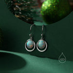 Aqua Green Opal and Circle Drop Hook Earrings in Sterling Silver, Delicate Fire Opal Geometric Earrings, Opal Coin Earrings