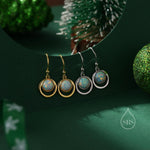 Aqua Green Opal and Circle Drop Hook Earrings in Sterling Silver, Delicate Fire Opal Geometric Earrings, Opal Coin Earrings