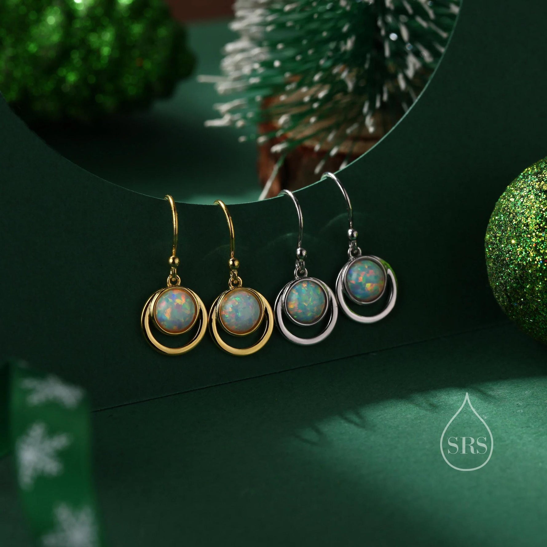 Aqua Green Opal and Circle Drop Hook Earrings in Sterling Silver, Delicate Fire Opal Geometric Earrings, Opal Coin Earrings