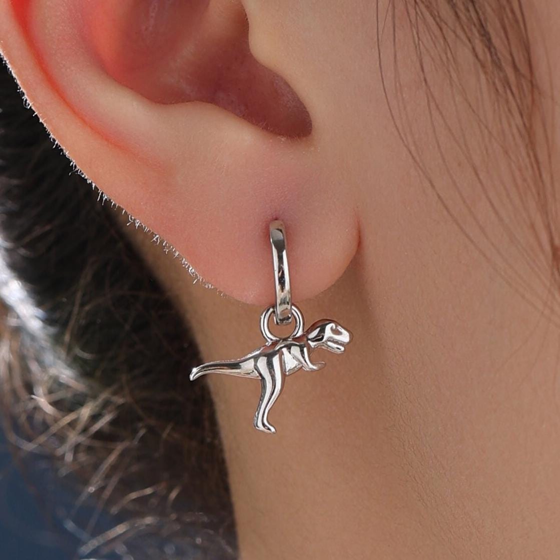 Sterling Silver T Rex Dinosaur Dangle Hoop Earrings, Silver, Gold or Rose Gold, T-rex Huggie Hoops, Interchangeable Charms, Detachable
