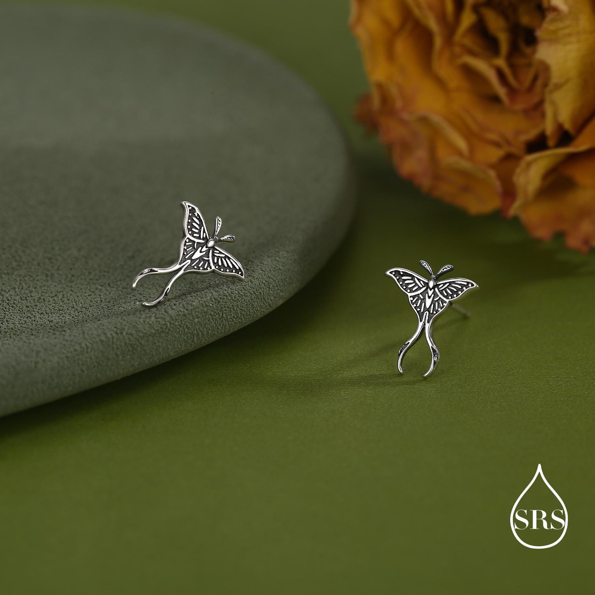 Lunar Moth Sterling Silver Stud Earrings with Oxidised Finish