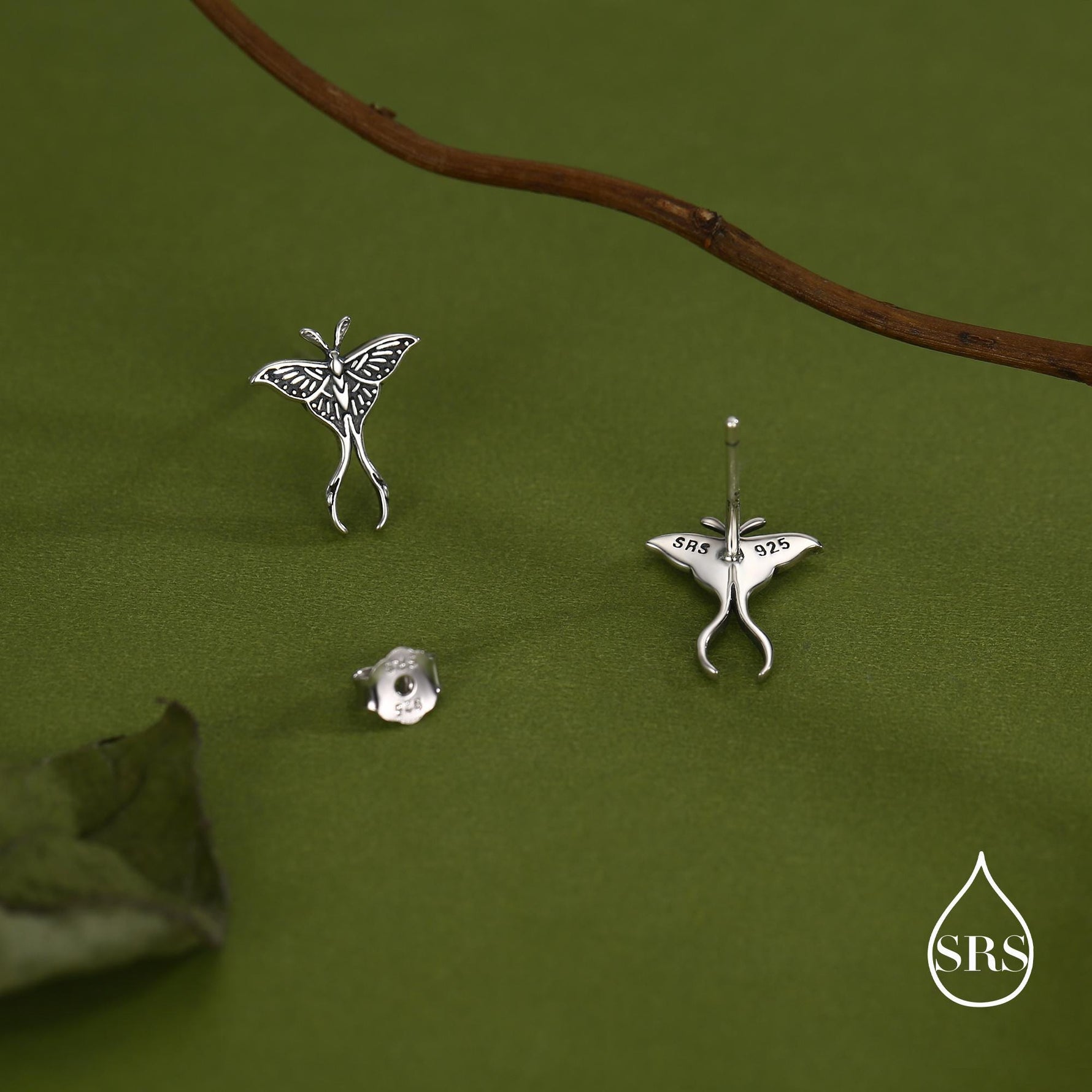 Lunar Moth Sterling Silver Stud Earrings with Oxidised Finish